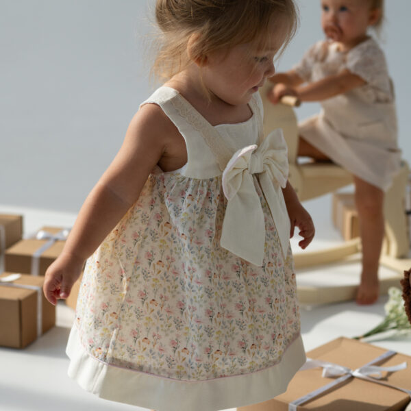 Rochiță copii din bumbac cu imprimeu floral și fundă mare decorativă