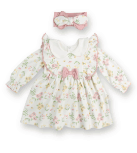 Rochiță bebeluși fete albă cu imprimeu floral pastel și fundiță roz, set elegant cu bentiță asortată, ținută de ocazie și evenimente speciale