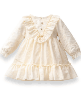 Rochiță bebeluși fete ivoire elegantă cu volănașe, broderie delicată și mânecă lungă, perfectă pentru botez și ocazii speciale
