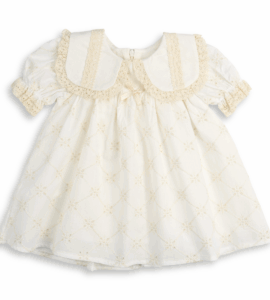 Rochiță bebeluși fete ivoire cu guler decorativ și broderie din dantelă, realizată din bumbac moale, perfectă pentru ocazii elegante