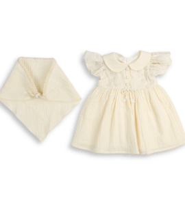 Rochiță bebeluși fete ivoire elegantă, cu mâneci bufante și guler rotund, din bumbac moale, set complet cu batic asortat pentru botez și evenimente speciale