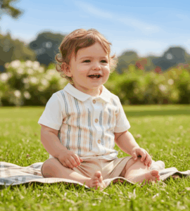 Set bebeluși vară cu cămașă cu dungi și pantaloni scurți bej