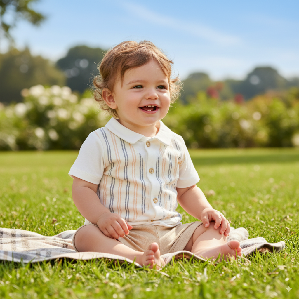 Set bebeluși vară – cămașă cu dungi și pantaloni scurți bej Set bebeluși vară cu cămașă cu dungi și pantaloni scurți bej