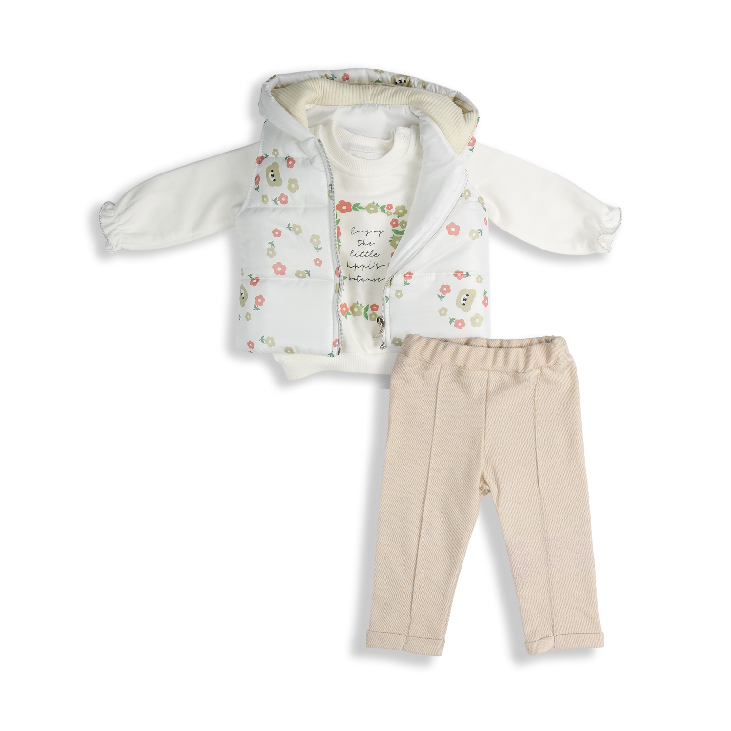 Set vestă cu glugă, bluză și pantaloni bebeluși – imprimeu floral, 3 piese Set 3 piese pentru bebeluși, cu vestă albă cu imprimeu floral, bluză crem și pantaloni bej, din materiale moi și confortabile.