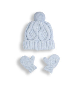 Set căciulă și mănuși tricot bebeluși albastru – disponibil și în gri, 0-12 luni