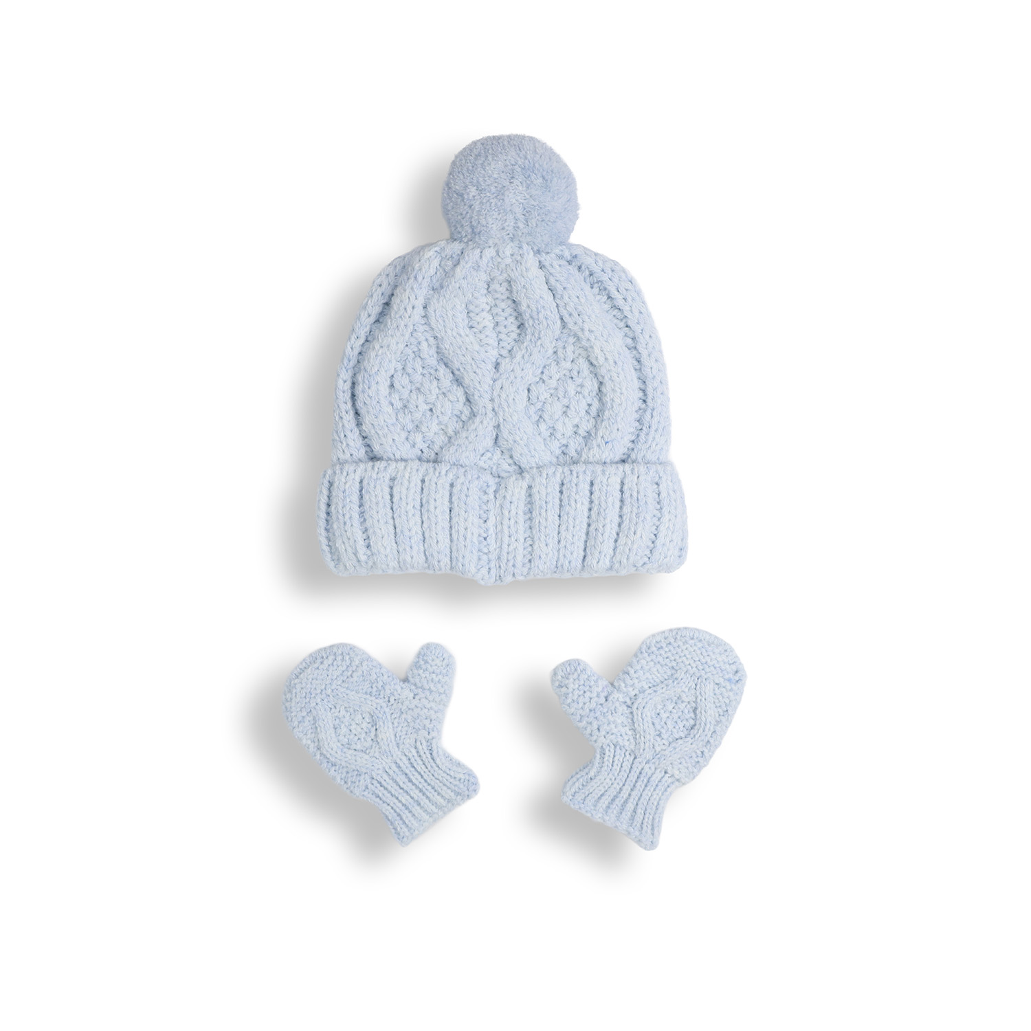 Set căciulă și mănuși tricot pentru bebeluși 0-12 luni – albastru sau gri Set căciulă și mănuși tricot bebeluși albastru – disponibil și în gri, 0-12 luni