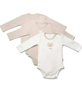 Set 3 body-uri bebeluși crem și alb din bumbac moale, cu mânecă lungă – model ursuleț și buline, îmbrăcăminte practică și confortabilă pentru copii