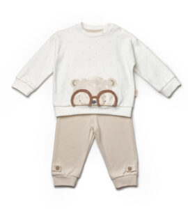 Set bebeluși ursuleț cu ochelari, bluziță crem și pantaloni bej