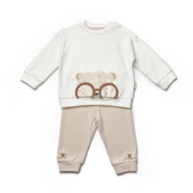 Set bebeluși ursuleț cu ochelari, bluziță crem și pantaloni bej