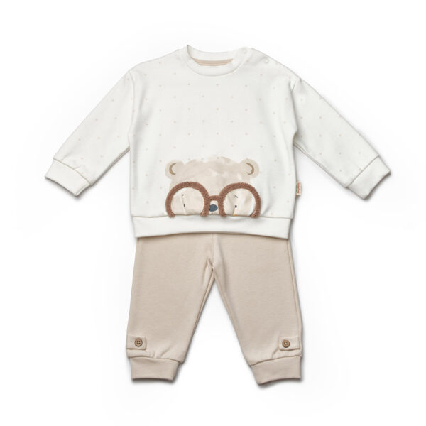 Set bebeluși ursuleț cu ochelari, bluziță crem și pantaloni bej