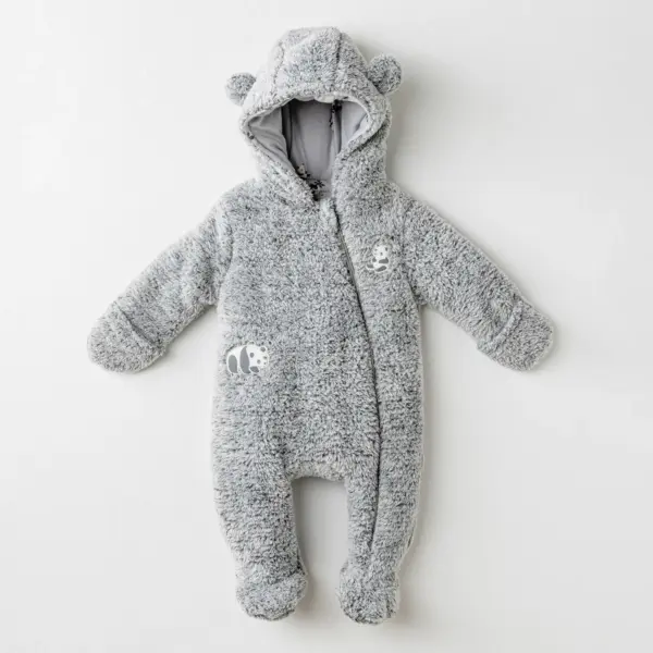 Combinezon Panda gri pentru bebeluși, moale și călduros