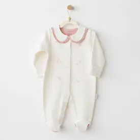 Salopetă cu guler roz și imprimeu floral din bumbac moale pentru bebeluși