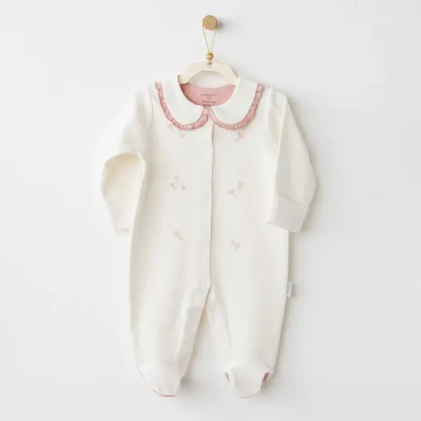 Salopetă cu guler roz și imprimeu floral din bumbac moale pentru bebeluși