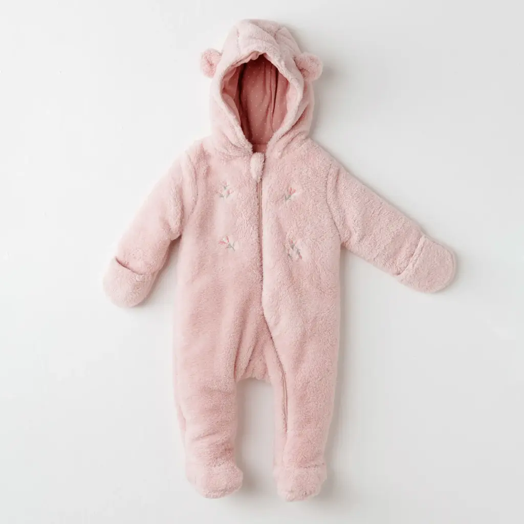 Combinezon teddy roz cu glugă și urechiușe pentru bebeluși, moale și călduros