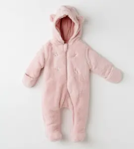 Combinezon teddy roz cu glugă și urechiușe pentru bebeluși, moale și călduros