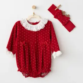 Salopetă roșie cu buline și bentită pentru bebeluși