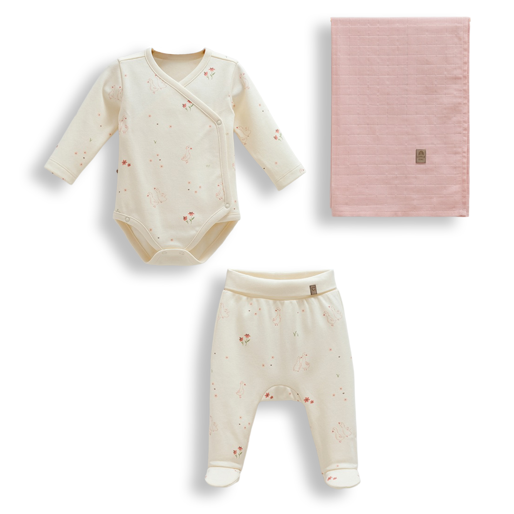Set „Mângâiere florală” pentru nou-născuți – crem și roz pudrat et „Mângâiere florală” pentru nou-născuți – crem și roz pudrat