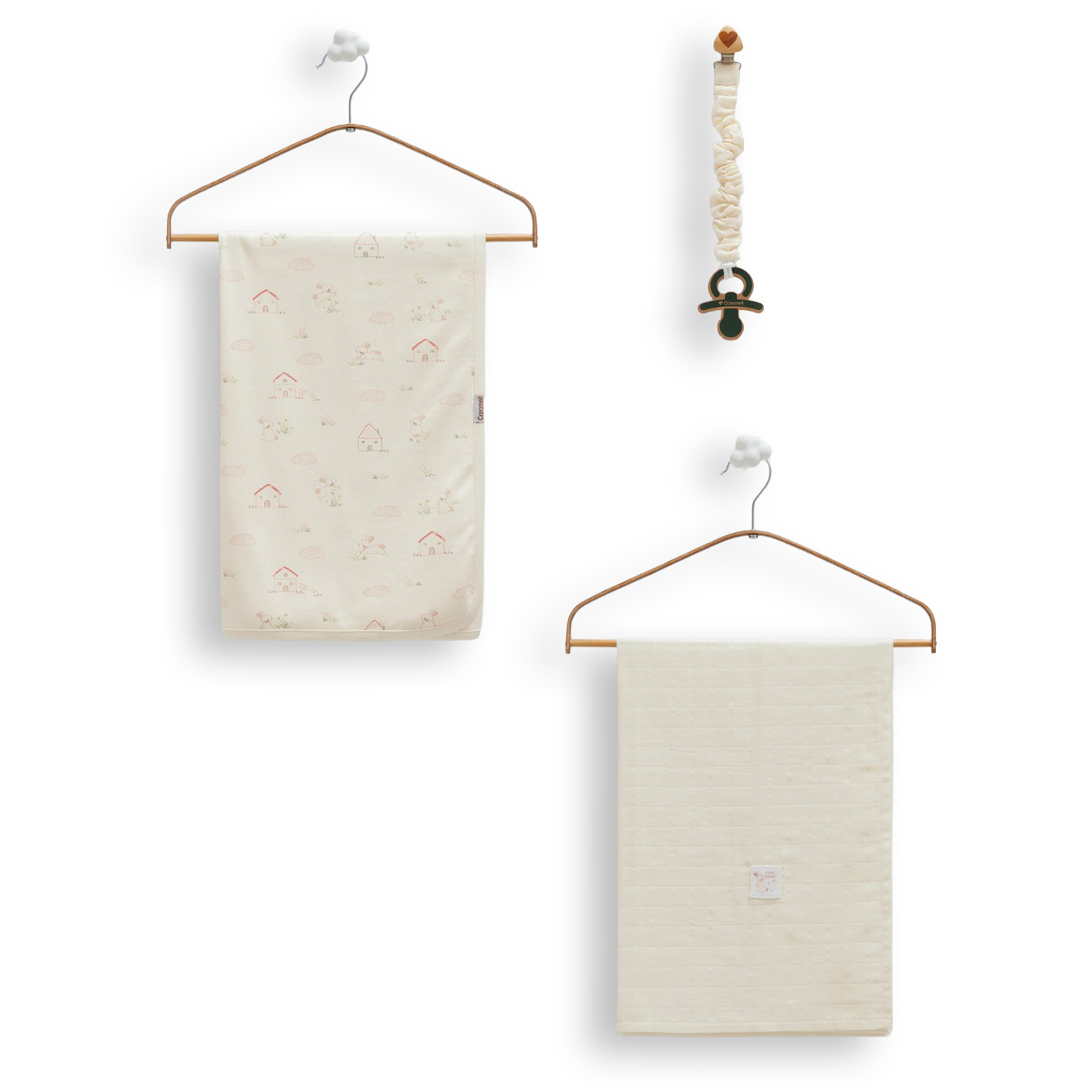 Set muselină și agățătoare suzetă crem 80x90 Set muselină și agățătoare suzetă pentru bebeluși 80x90