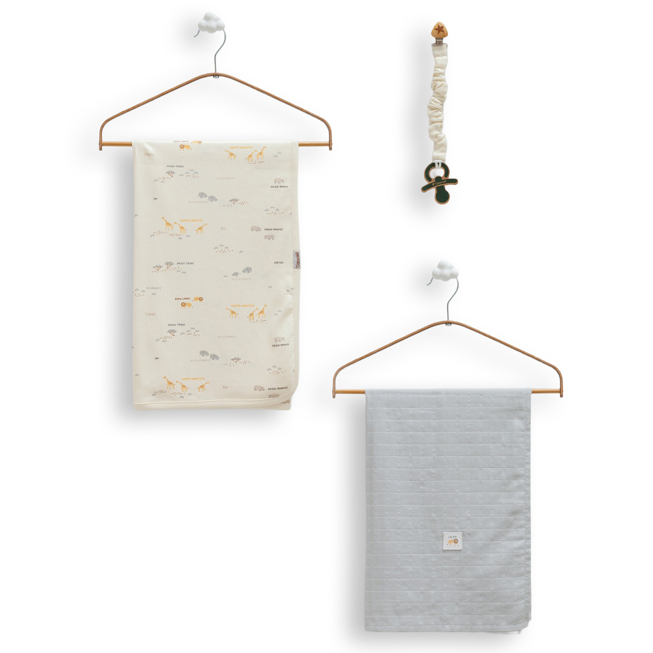 Set muselină și agățătoare suzetă gri 80x90 Set muselină și agățătoare suzetă gri pentru bebeluși