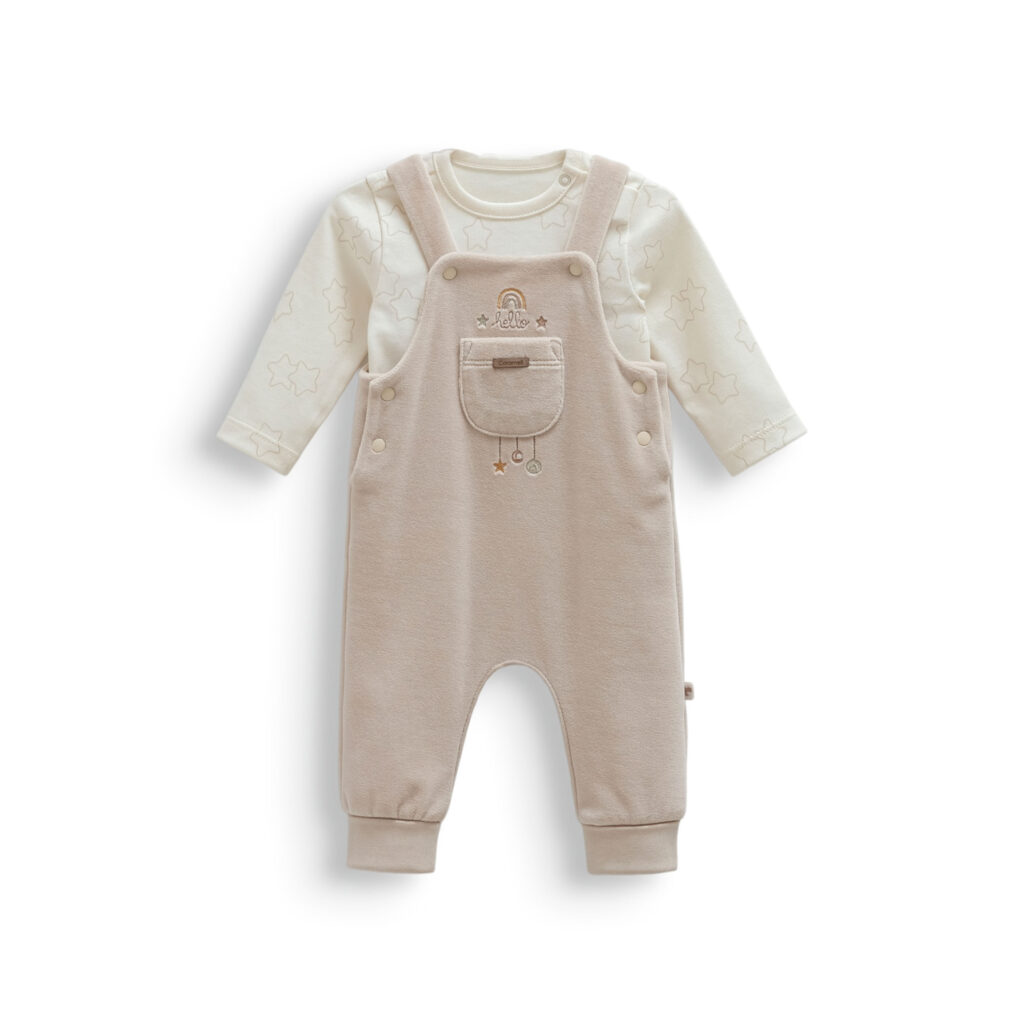 Set salopetă bej cu bluză pentru bebeluși, moale și confortabil