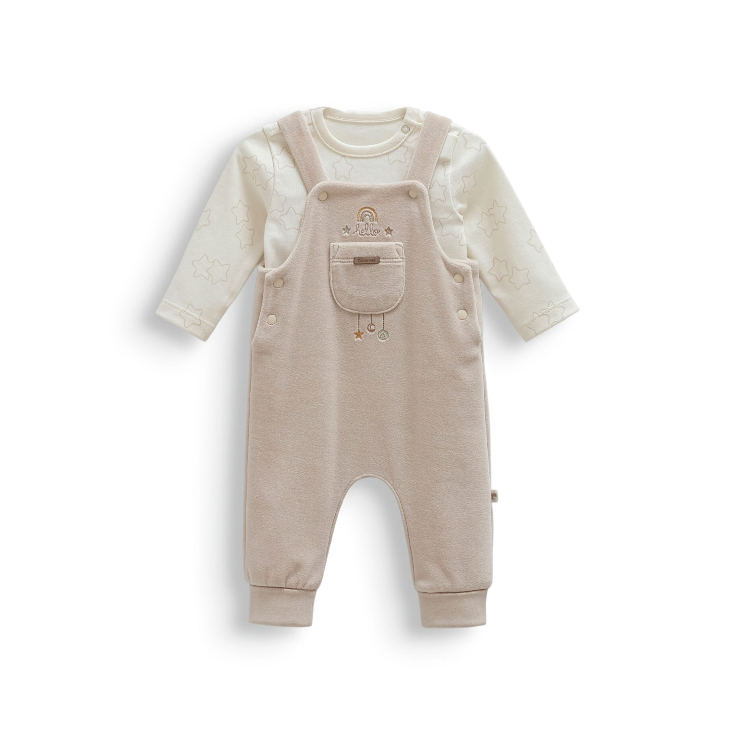 Set salopetă bej cu bluză pentru bebeluși Set salopetă bej cu bluză pentru bebeluși, moale și confortabil