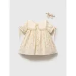 Rochiță crem pentru fetițe cu imprimeu floral roz guler cu dantelă și bentiță asortată