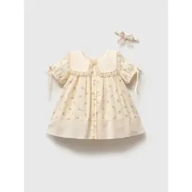 Rochiță crem pentru fetițe cu imprimeu floral roz guler cu dantelă și bentiță asortată