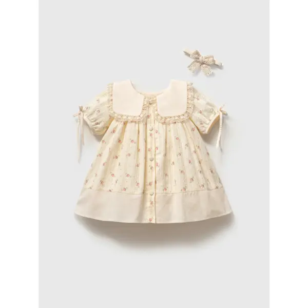 Rochiță crem pentru fetițe cu imprimeu floral roz guler cu dantelă și bentiță asortată