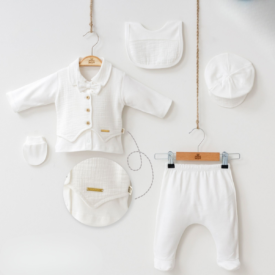 Set complet de haine pentru nou-născuți din muselină albă premium include jachetă cu papion pantaloni căciulă bavețică și mănuși