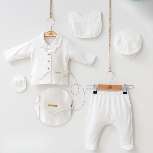 Set complet de haine pentru nou-născuți din muselină albă premium include jachetă cu papion pantaloni căciulă bavețică și mănuși