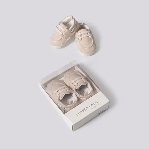 Pantofiori băiețel tip espadrilă bej din pânză cu talpă albă și șireturi elastice în cutie Nipperland