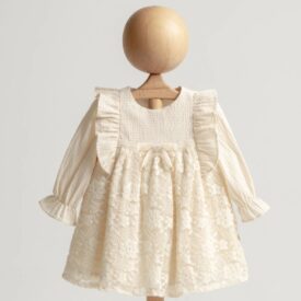 Rochiță elegantă bebeluși din dantelă fină și bumbac ivory