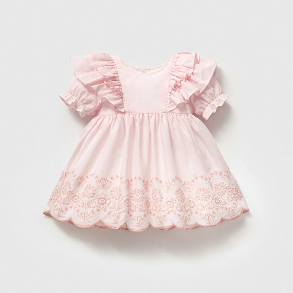 Rochiță Premium Bumbac Roz cu Volane și Broderie Florală