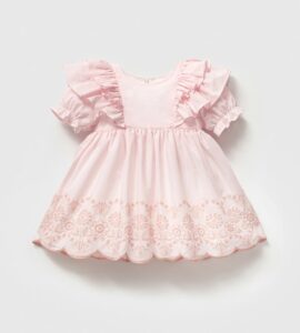 Rochiță Premium Bumbac Roz cu Volane și Broderie Florală