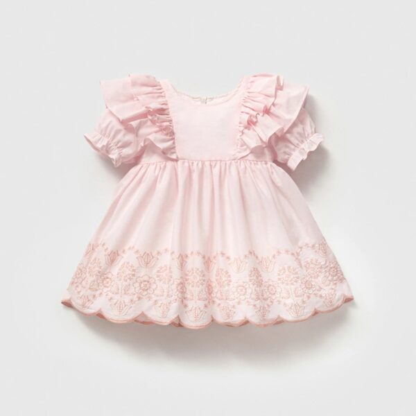 Rochiță Premium Bumbac Roz cu Volane și Broderie Florală