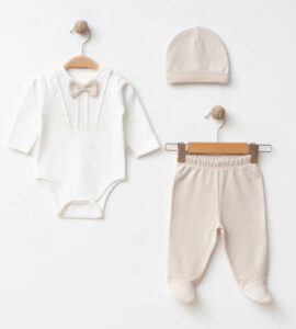 Set Elegant 3 Piese Bebeluși cu Papion din Bumbac Moale
