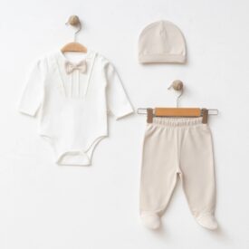 Set Elegant 3 Piese Bebeluși cu Papion din Bumbac Moale