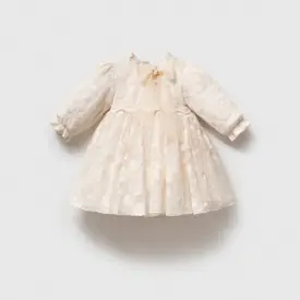 Rochiță elegantă din dantelă fină brodată crem ivoriu pentru fetițe cu fundă din organza și broșă cu perlă la gât.