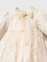 Detaliu pe gulerul și bustul unei rochițe crem ivoriu din dantelă brodată pentru fetițe, cu fundă din organza și broșă cameo cu perlă.